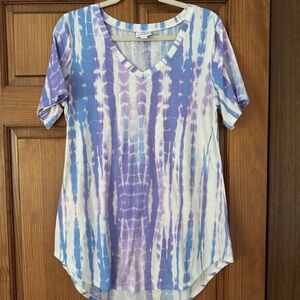 LulaRoe Top Womens Small Purple White Tie Dye Short Sleeve Tunic Shirt V Neck